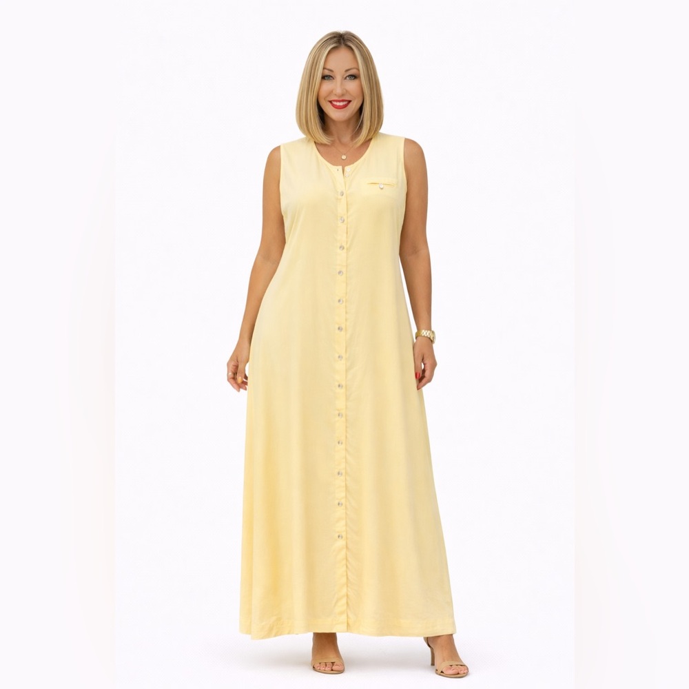 Hugo Buscati Soft Yellow Silk Maxi Shift Dress Size 16 Sleeveless Button Front - Picture 1 of 4